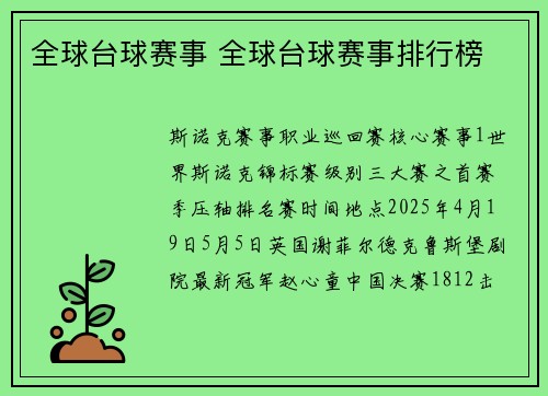 全球台球赛事 全球台球赛事排行榜
